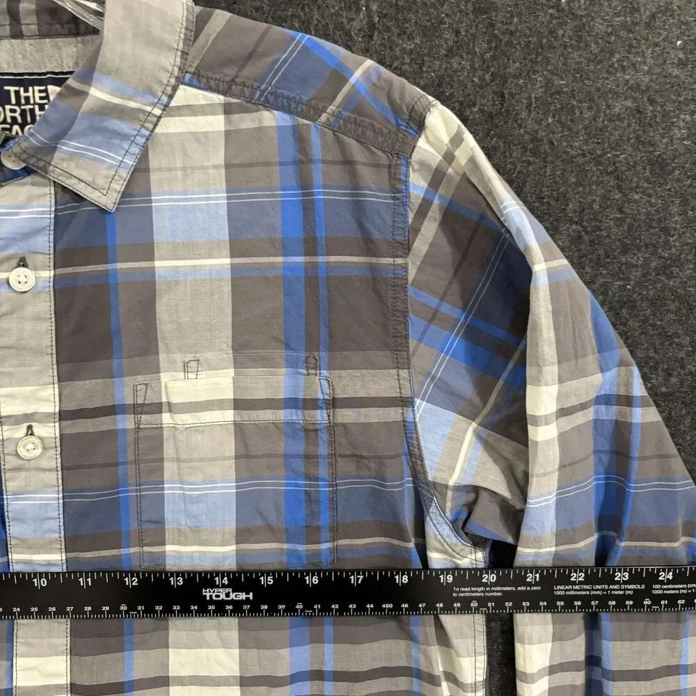 The North Face Shirt Men's Medium Blue Gray Plaid Cotton Casual Button Down